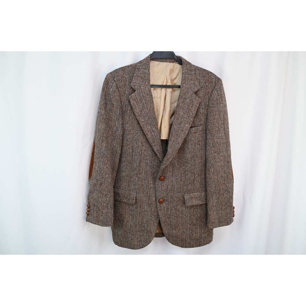 Stafford Harris Tweed Brown Wool Blazer Herringbone Elbow Patches Mens 40 R